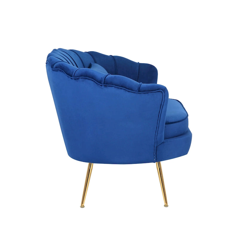 Causeuse en Velours Bleu Royal avec Dossier Festonné et Pieds en Métal Doré