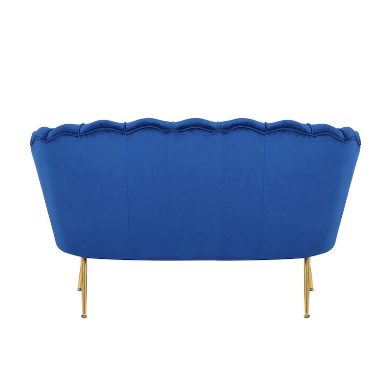 Causeuse en Velours Bleu Royal avec Dossier Festonné et Pieds en Métal Doré