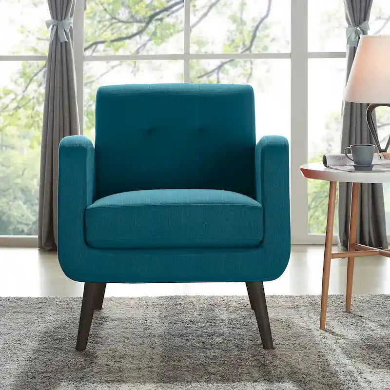 Fauteuil d'appoint en lin capitonné bleu paon, style Mid-Century Modern