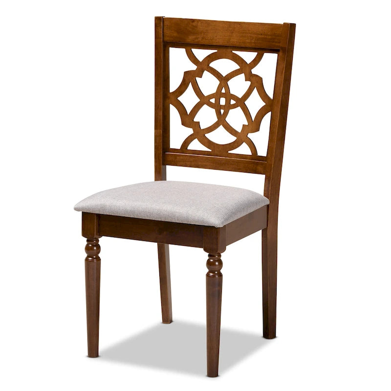Chaise de salle à manger en bois de chêne rembourrée en tissu gris avec dossier ajouré