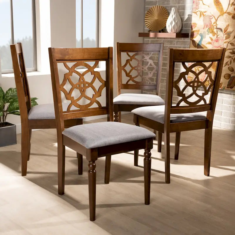 Chaise de salle à manger en bois de chêne rembourrée en tissu gris avec dossier ajouré