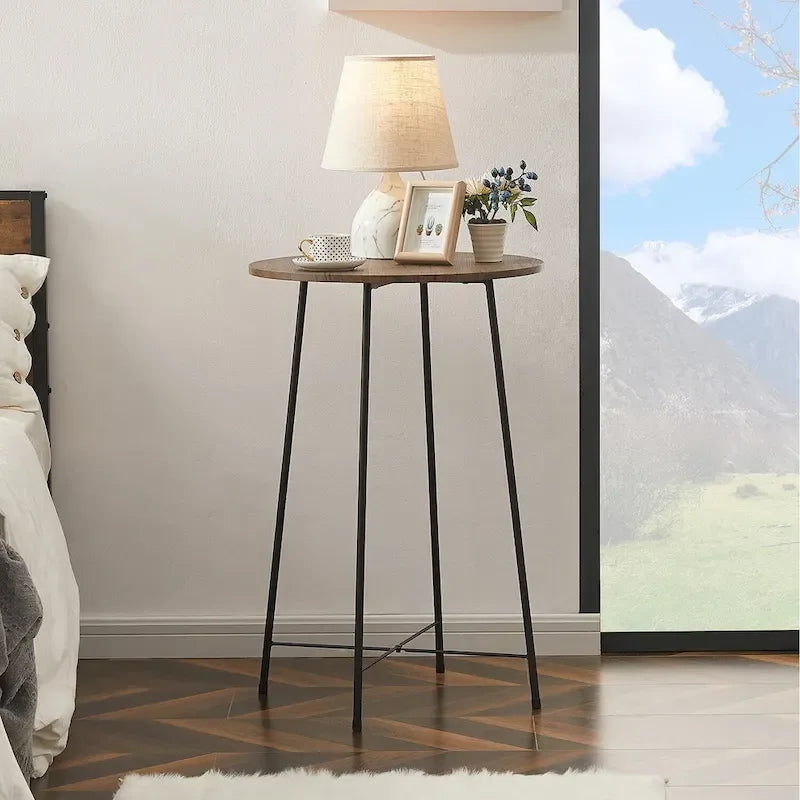Table haute ronde plateau bois piétement métal style industriel multicolore
