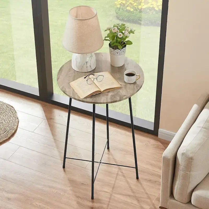 Table haute ronde plateau bois piétement métal style industriel multicolore