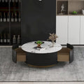 Table basse ronde en pierre frittée avec 2 tiroirs en chêne, base dorée, noire et blanche