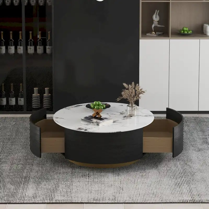 Table basse ronde en pierre frittée avec 2 tiroirs en chêne, base dorée, noire et blanche