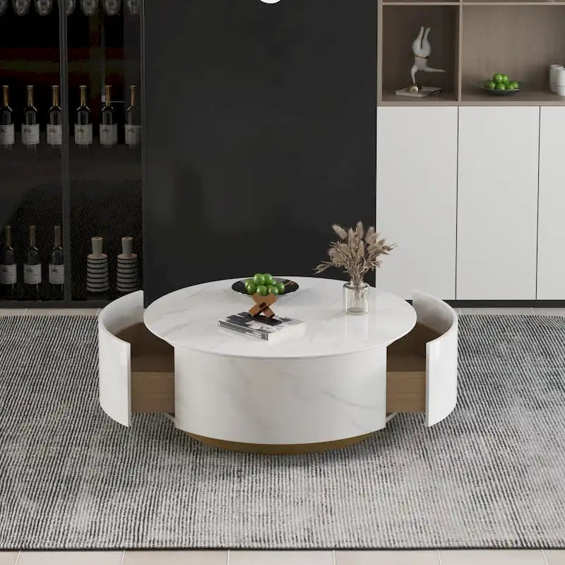 Table basse ronde en pierre frittée avec 2 tiroirs en chêne, base dorée, noire et blanche