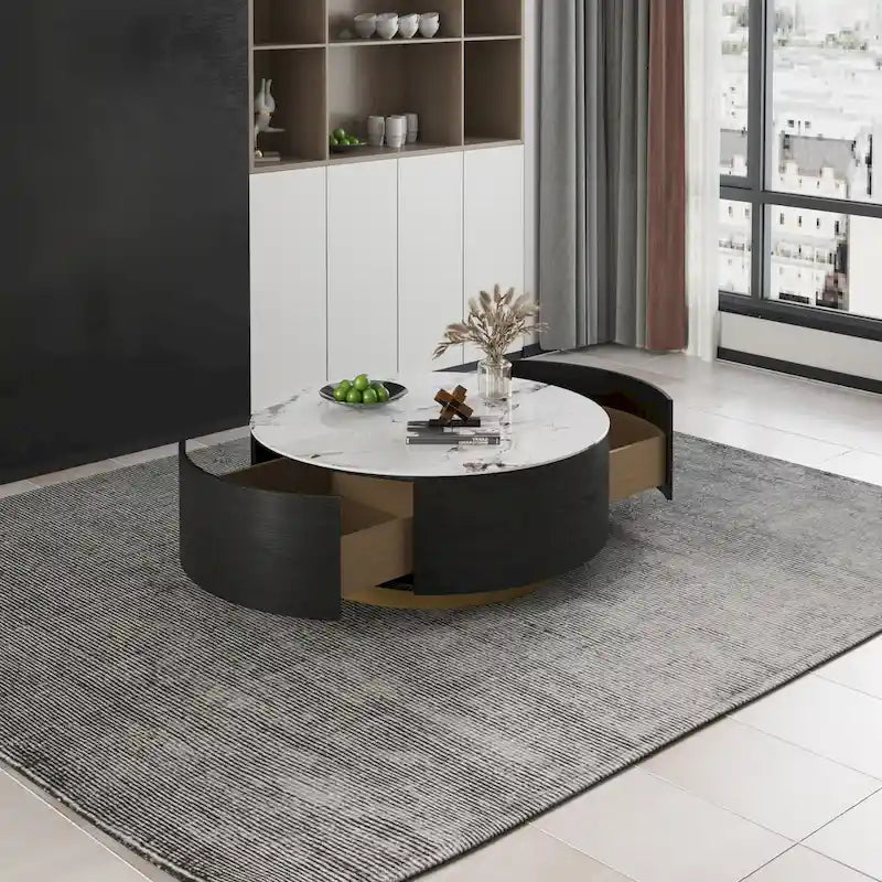 Table basse ronde en pierre frittée avec 2 tiroirs en chêne, base dorée, noire et blanche