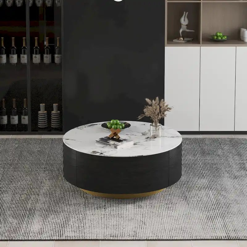 Table basse ronde en pierre frittée avec 2 tiroirs en chêne, base dorée, noire et blanche