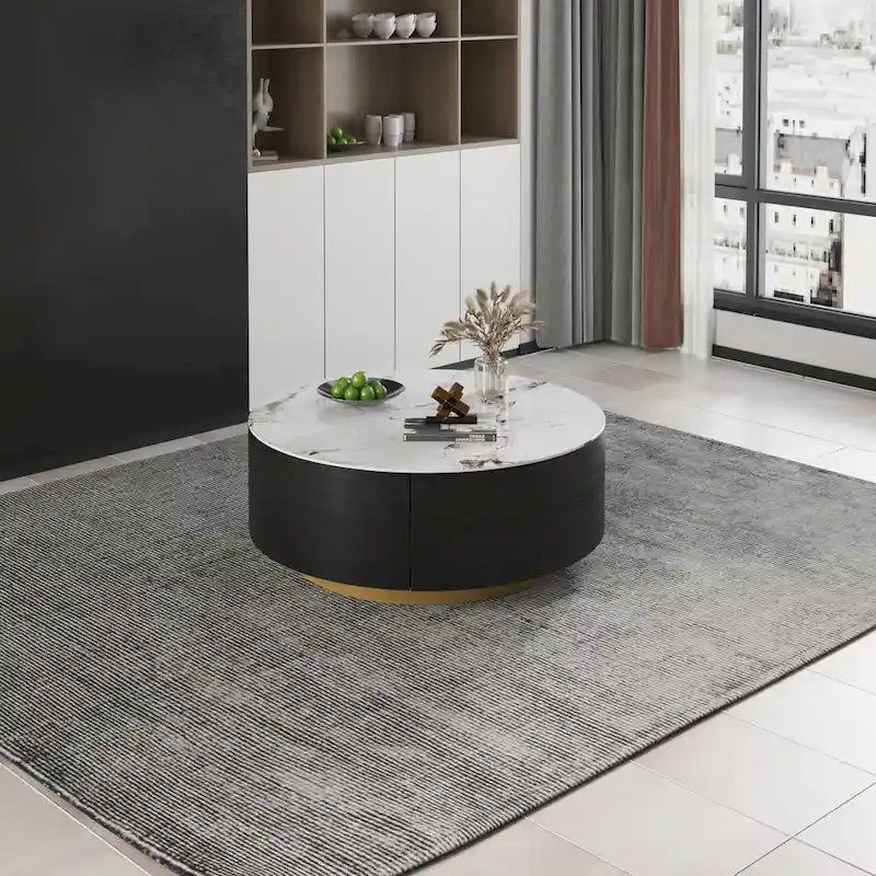 Table basse ronde en pierre frittée avec 2 tiroirs en chêne, base dorée, noire et blanche
