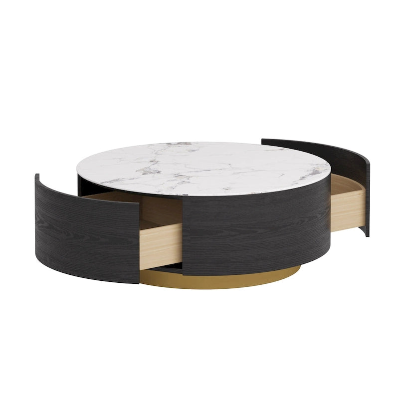 Table basse ronde en pierre frittée avec 2 tiroirs en chêne, base dorée, noire et blanche