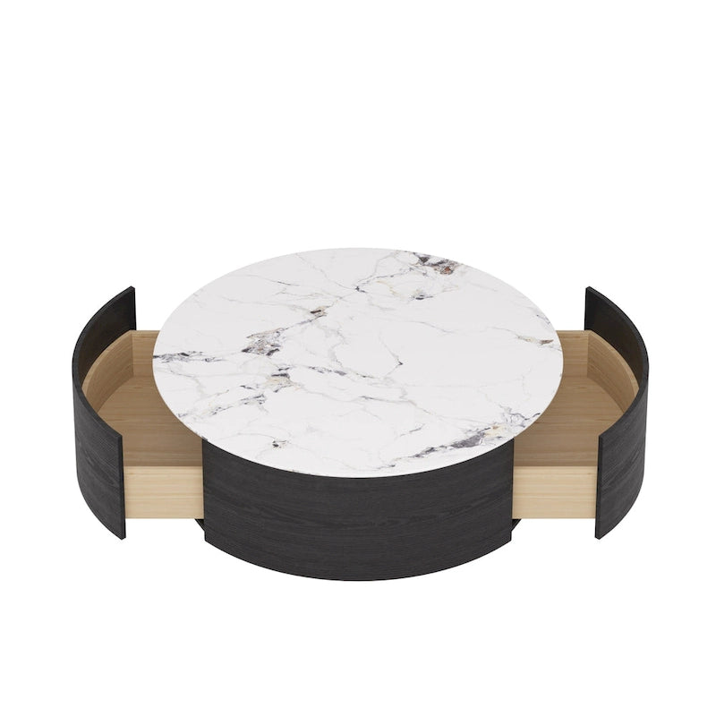 Table basse ronde en pierre frittée avec 2 tiroirs en chêne, base dorée, noire et blanche