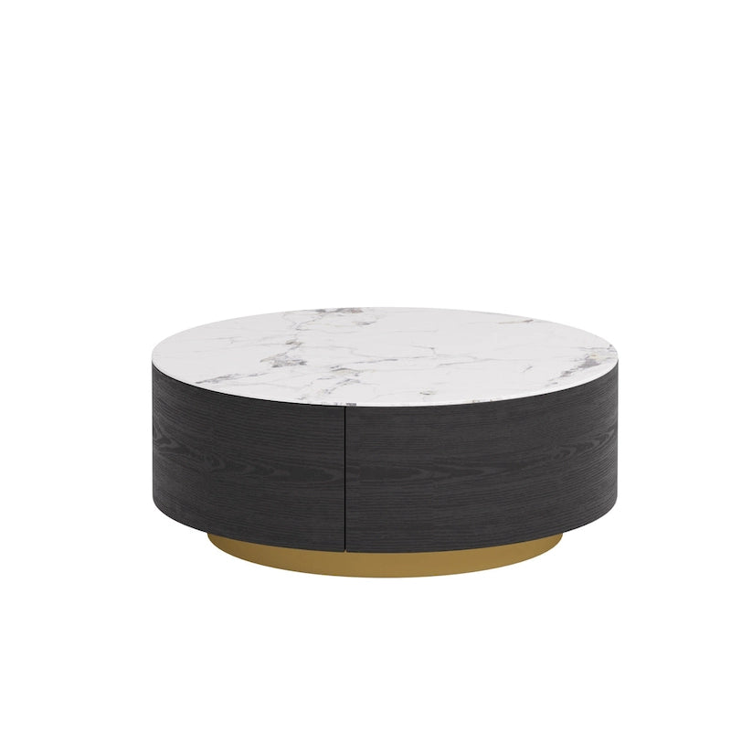Table basse ronde en pierre frittée avec 2 tiroirs en chêne, base dorée, noire et blanche