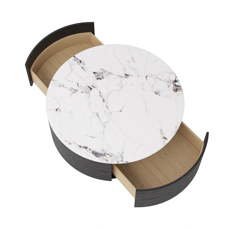 Table basse ronde en pierre frittée avec 2 tiroirs en chêne, base dorée, noire et blanche