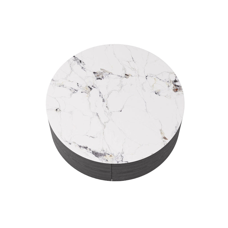 Table basse ronde en pierre frittée avec 2 tiroirs en chêne, base dorée, noire et blanche