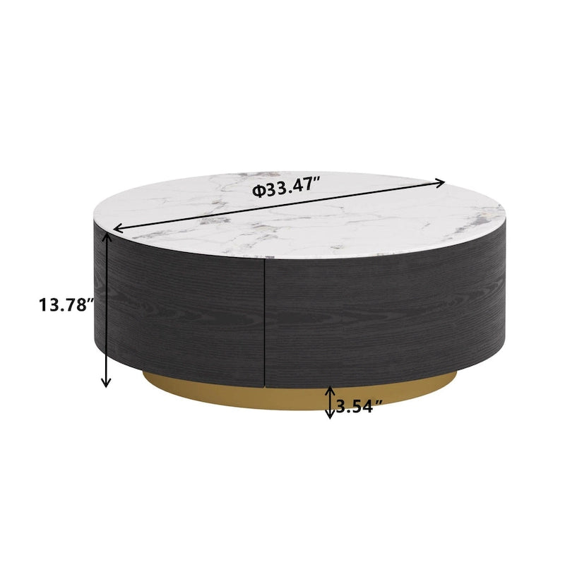 Table basse ronde en pierre frittée avec 2 tiroirs en chêne, base dorée, noire et blanche