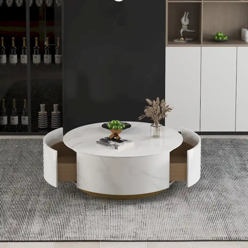 Table basse ronde en pierre frittée avec 2 tiroirs en chêne, base dorée, noire et blanche