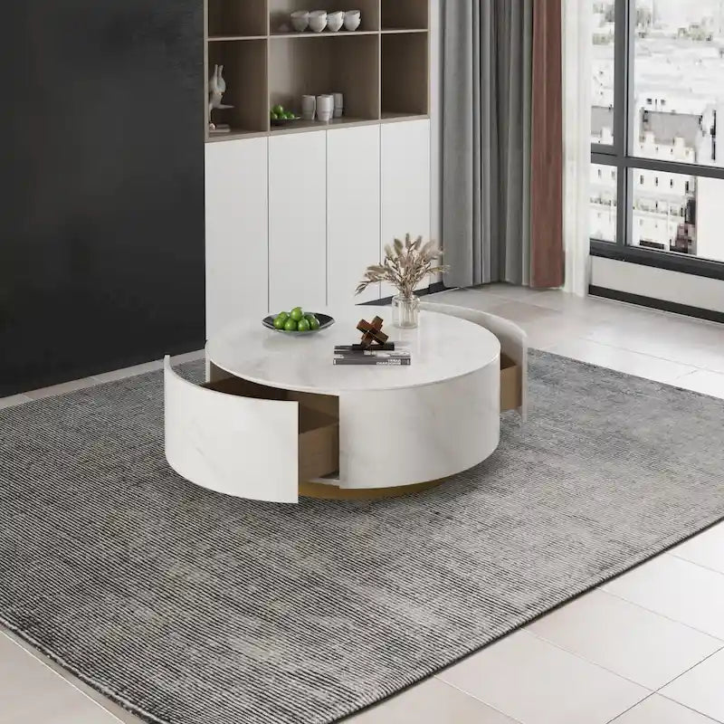 Table basse ronde en pierre frittée avec 2 tiroirs en chêne, base dorée, noire et blanche