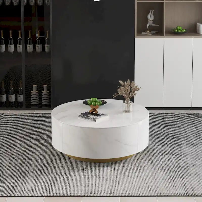 Table basse ronde en pierre frittée avec 2 tiroirs en chêne, base dorée, noire et blanche