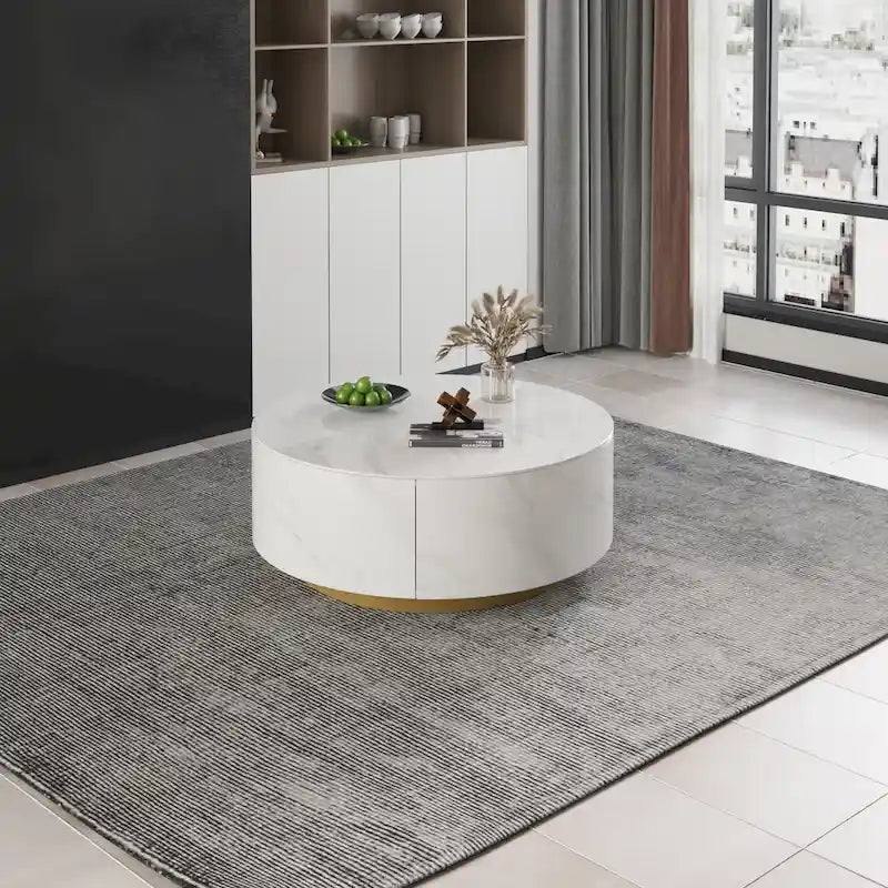 Table basse ronde en pierre frittée avec 2 tiroirs en chêne, base dorée, noire et blanche