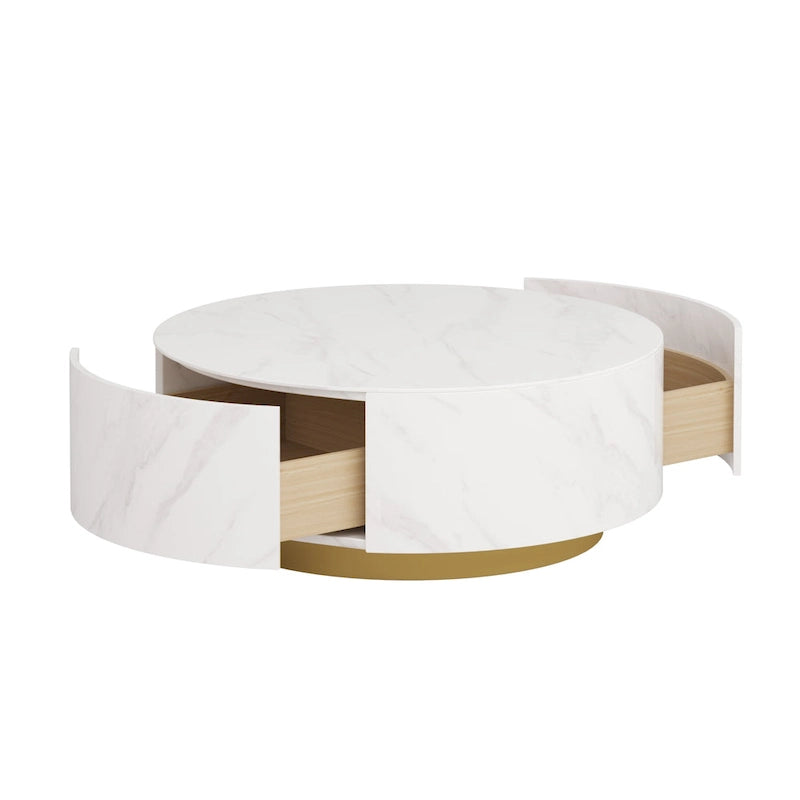 Table basse ronde en pierre frittée avec 2 tiroirs en chêne, base dorée, noire et blanche