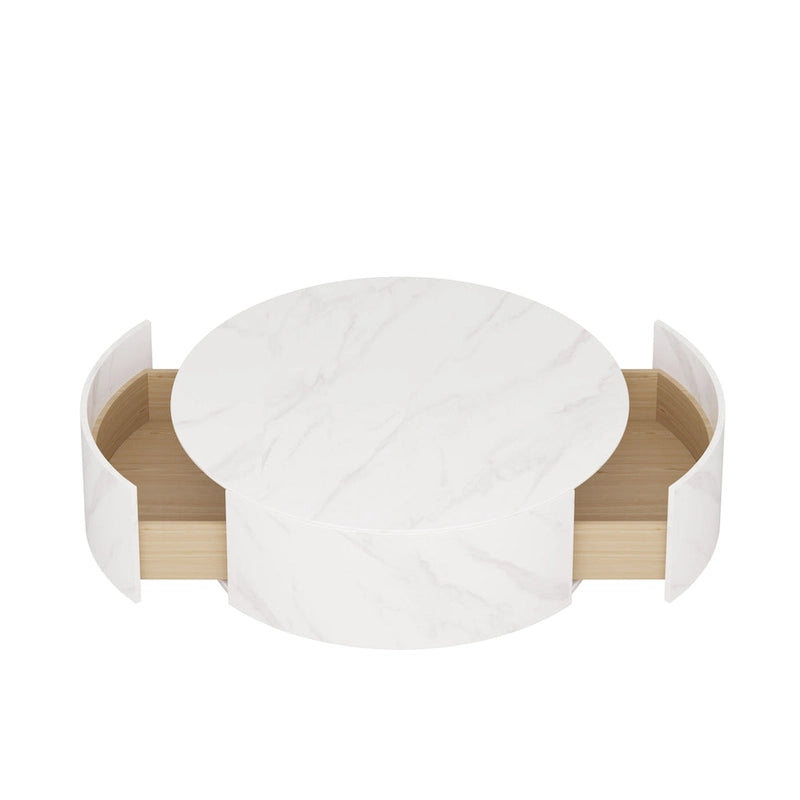 Table basse ronde en pierre frittée avec 2 tiroirs en chêne, base dorée, noire et blanche