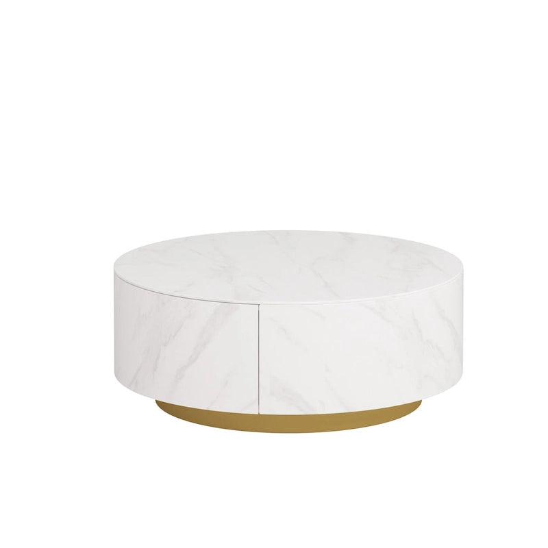 Table basse ronde en pierre frittée avec 2 tiroirs en chêne, base dorée, noire et blanche