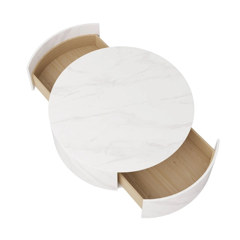 Table basse ronde en pierre frittée avec 2 tiroirs en chêne, base dorée, noire et blanche