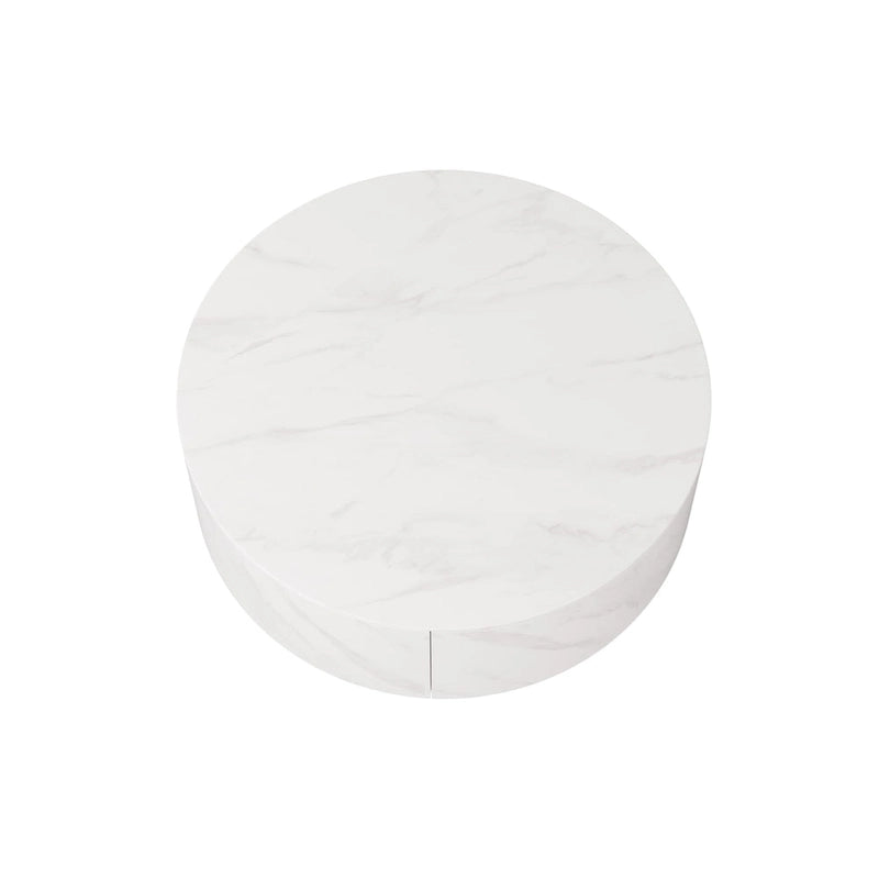 Table basse ronde en pierre frittée avec 2 tiroirs en chêne, base dorée, noire et blanche