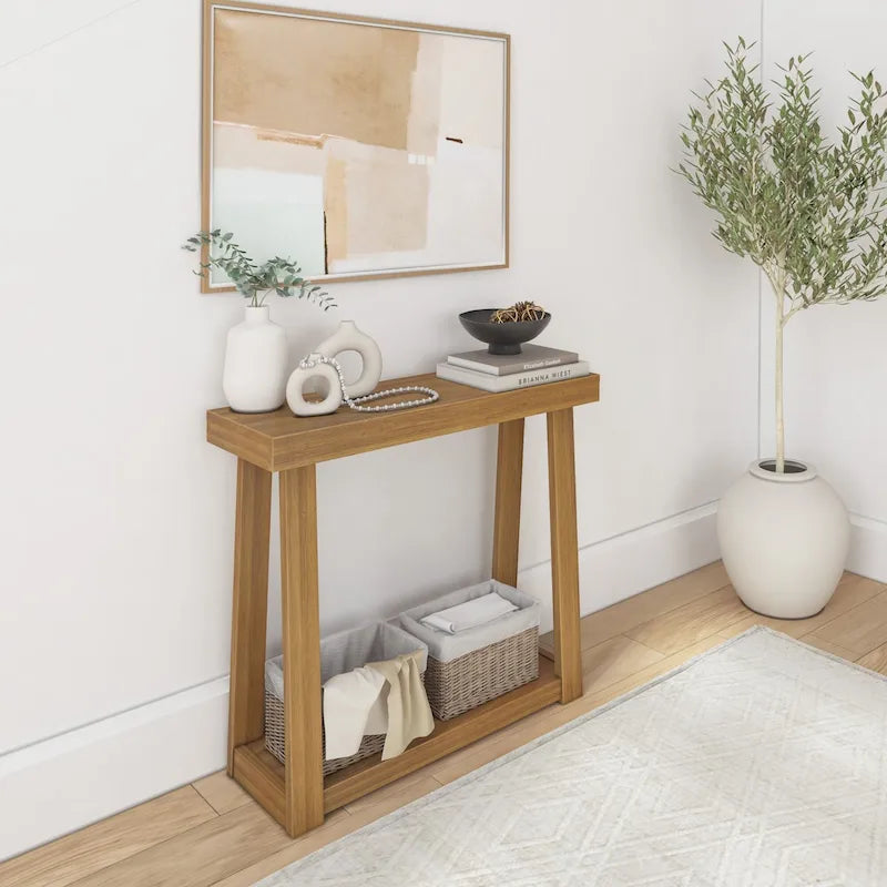 Console en pin massif avec étagère de rangement inférieure