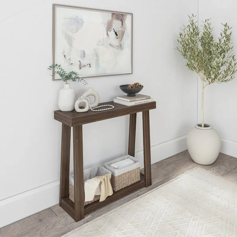 Console en pin massif avec étagère de rangement inférieure