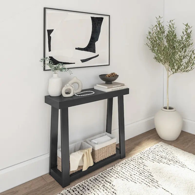 Console en pin massif avec étagère de rangement inférieure