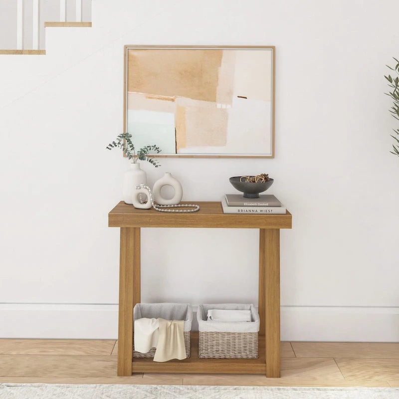 Console en pin massif avec étagère de rangement inférieure
