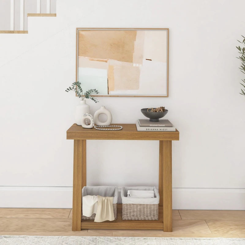 Console en pin massif avec étagère de rangement inférieure