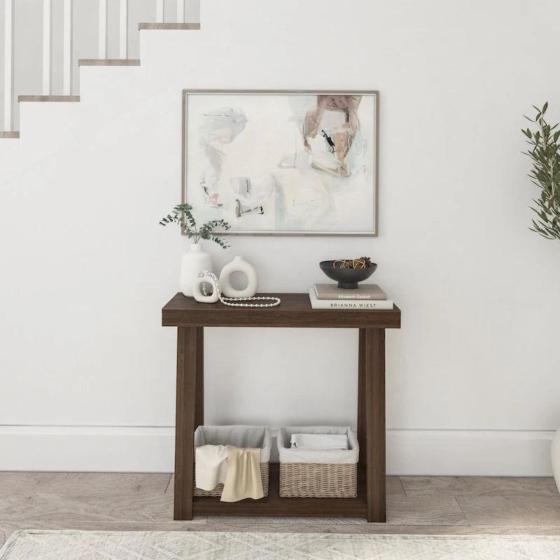 Console en pin massif avec étagère de rangement inférieure