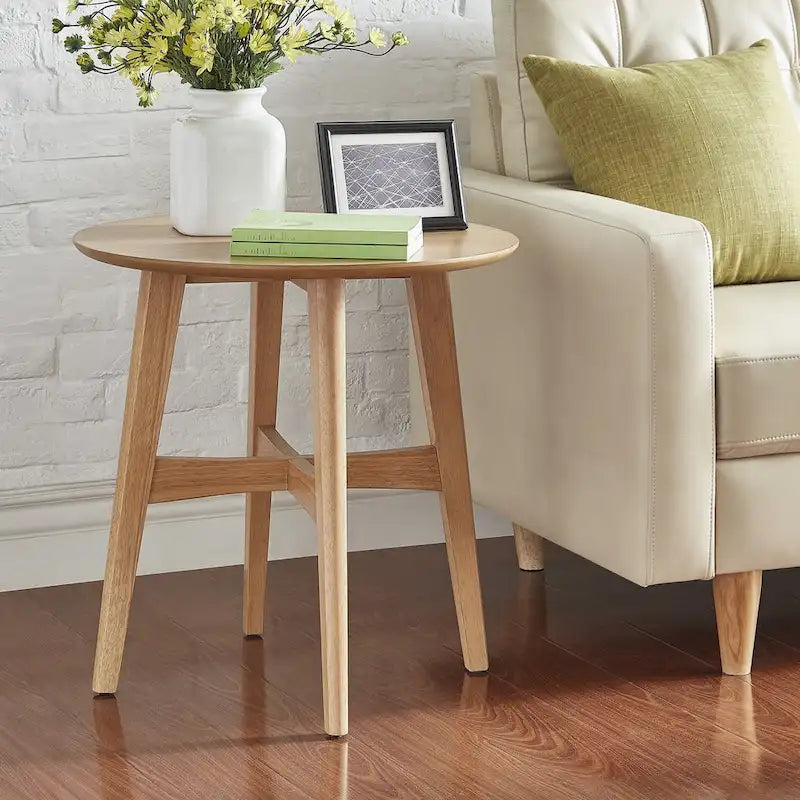 Table d'appoint ronde en bois massif avec piétement en croix, finition chêne naturel