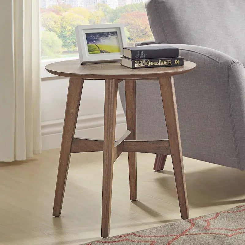 Table d'appoint ronde en bois massif avec piétement en croix, finition chêne naturel