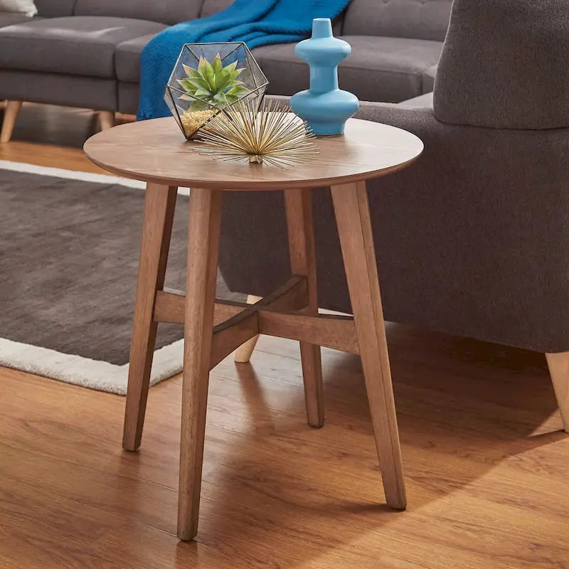 Table d'appoint ronde en bois massif avec piétement en croix, finition chêne naturel