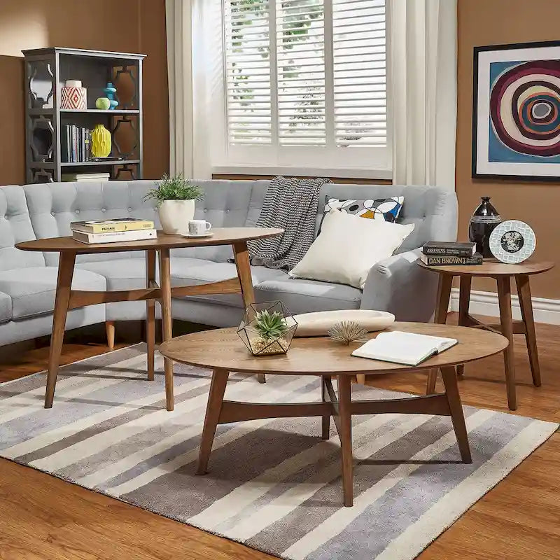 Table d'appoint ronde en bois massif avec piétement en croix, finition chêne naturel