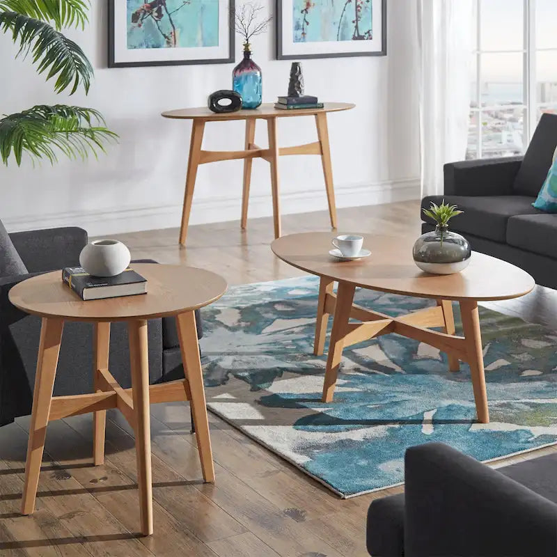 Table d'appoint ronde en bois massif avec piétement en croix, finition chêne naturel