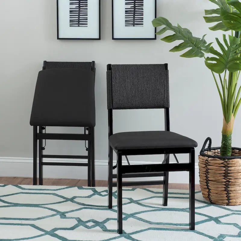 Chaise de salle à manger pliante en bois d'hévéa avec dossier en corde et assise rembourrée, noir naturel
