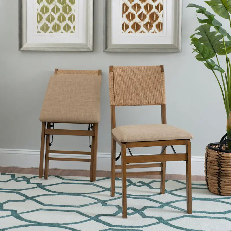 Chaise de salle à manger pliante en bois d'hévéa avec dossier en corde et assise rembourrée, noir naturel