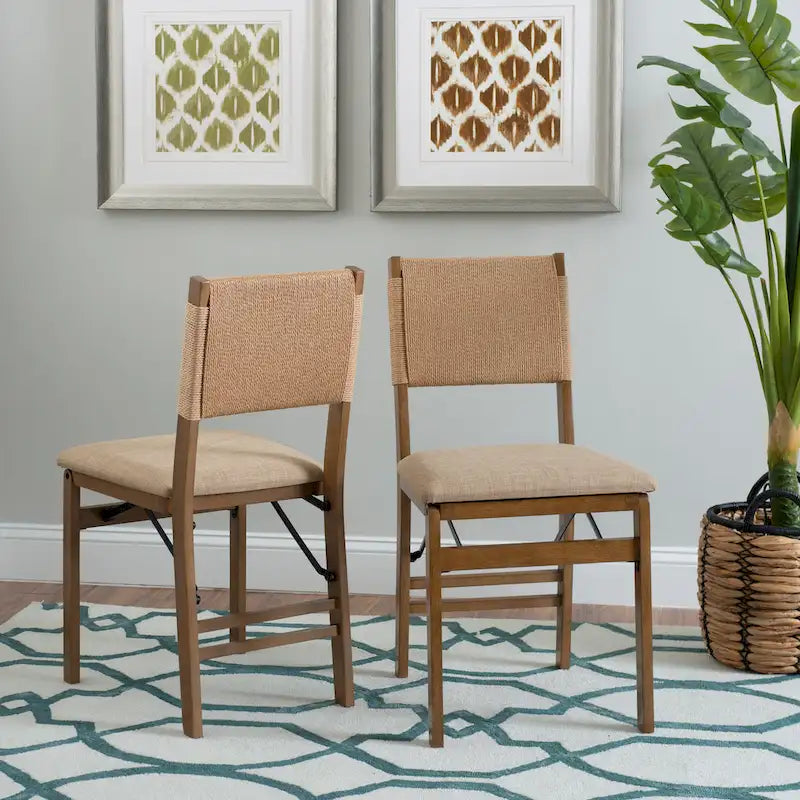 Chaise de salle à manger pliante en bois d'hévéa avec dossier en corde et assise rembourrée, noir naturel