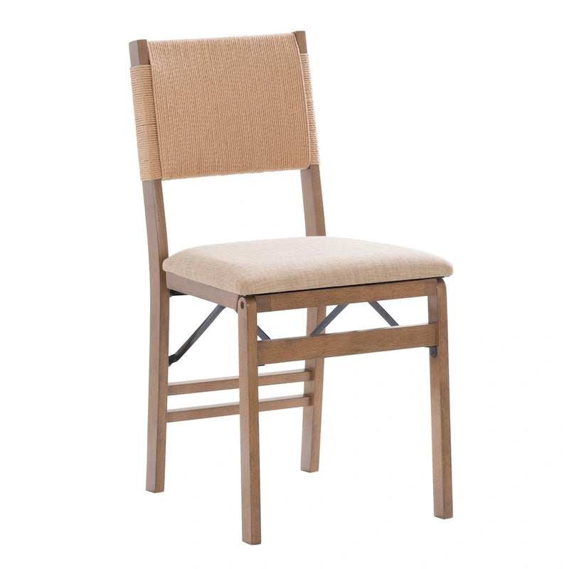 Chaise de salle à manger pliante en bois d'hévéa avec dossier en corde et assise rembourrée, noir naturel