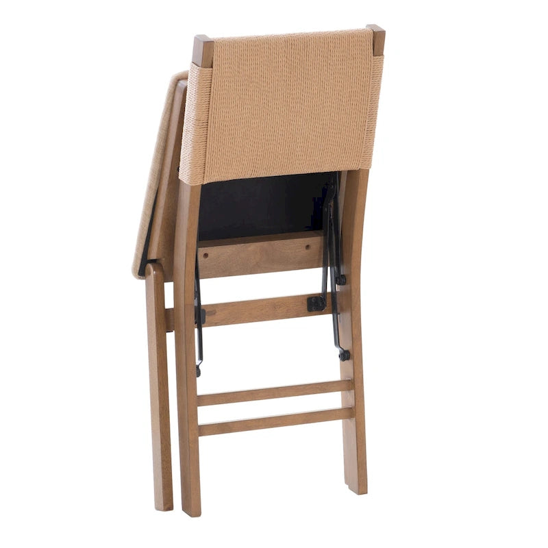 Chaise de salle à manger pliante en bois d'hévéa avec dossier en corde et assise rembourrée, noir naturel