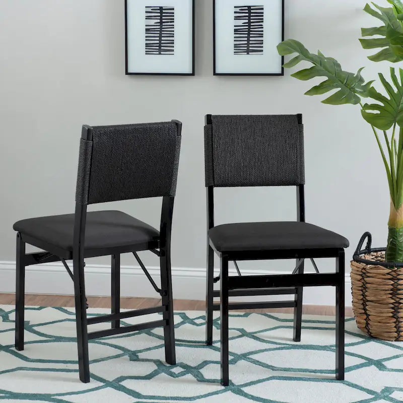 Chaise de salle à manger pliante en bois d'hévéa avec dossier en corde et assise rembourrée, noir naturel