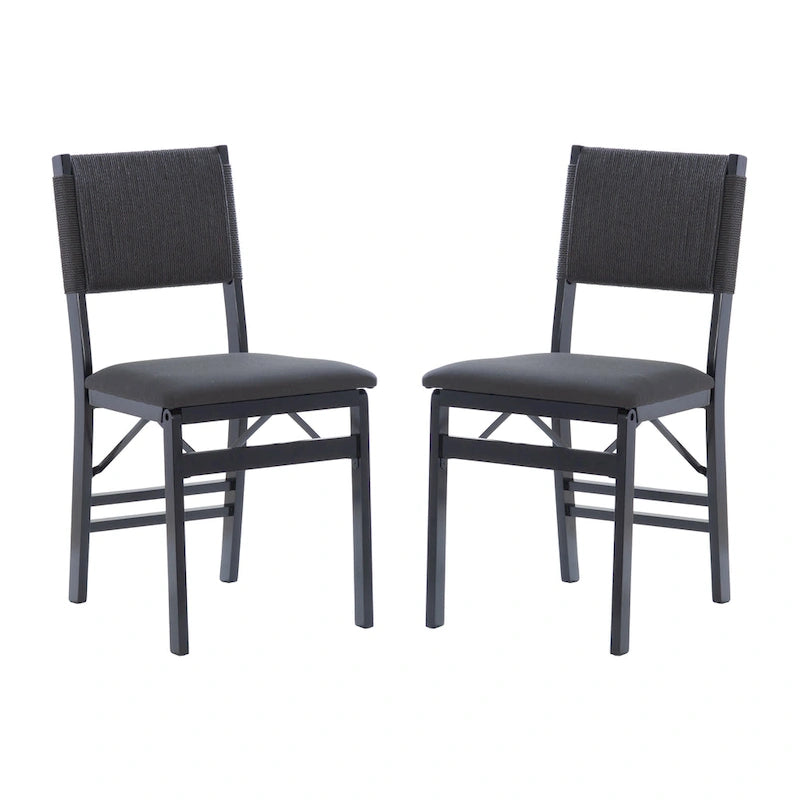 Chaise de salle à manger pliante en bois d'hévéa avec dossier en corde et assise rembourrée, noir naturel