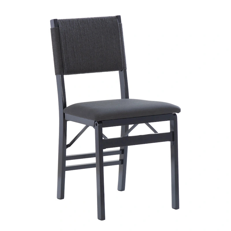 Chaise de salle à manger pliante en bois d'hévéa avec dossier en corde et assise rembourrée, noir naturel