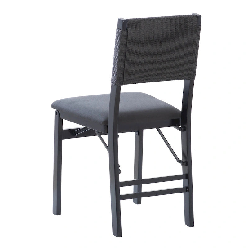 Chaise de salle à manger pliante en bois d'hévéa avec dossier en corde et assise rembourrée, noir naturel
