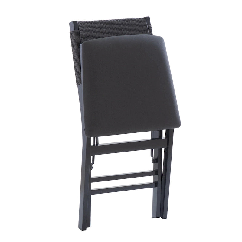 Chaise de salle à manger pliante en bois d'hévéa avec dossier en corde et assise rembourrée, noir naturel