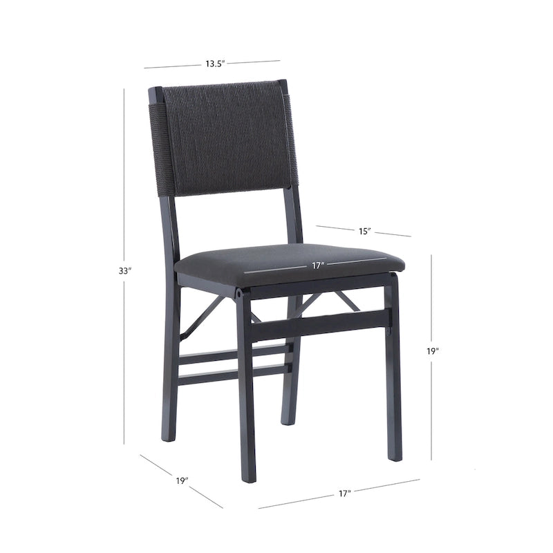 Chaise de salle à manger pliante en bois d'hévéa avec dossier en corde et assise rembourrée, noir naturel